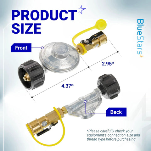 Front and back view of Propane Quick Connect Adapter For Gas Grills And Heaters, with QCC1 Type-1 Connector, product dimensions shown.