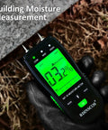 Pin Type Wood Moisture Meter With Hold Function 12mm Probes Big Backlit LCD Screen And Three Color LED Bar Graph For Easy Accurate Wood Moisture Readouts Ideal For DIY Carpentry And Home Renovation Projects. Handheld meter on wood reading 33.2%