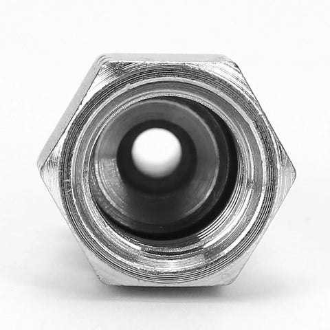 Heavy Duty Hydraulic Fitting Built To Last One Quarter Inch Male JIC To Three Eighth Inch Female JIC Swivel Carbon Steel SAE Compliant With Seven Sixteen Inch Twenty Thread And Nine Sixteen Inch Eighteen Female Threads, front view