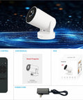 Ultra Portable Mini Projector With WiFi And Bluetooth 4K Ready 170 ANSI Auto Keystone shown with remote, manual, box, and power cord