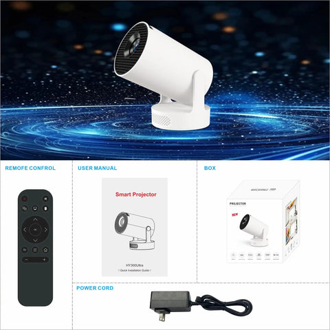 Ultra Portable Mini Projector With WiFi And Bluetooth 4K Ready 170 ANSI Auto Keystone shown with remote, manual, box, and power cord