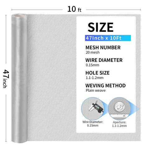 304 Stainless Steel Mesh Roll 47In By 10Ft 20 Mesh Heavy Duty Screen For Windows Doors Vents Pet Cages Gardens Patio Durable Silver with size details