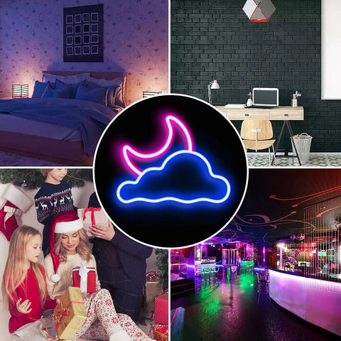 Collage featuring Cloud And Moon LED Neon Sign For Wall Decor USB Powered Neon Light With Adjustable Brightness Perfect