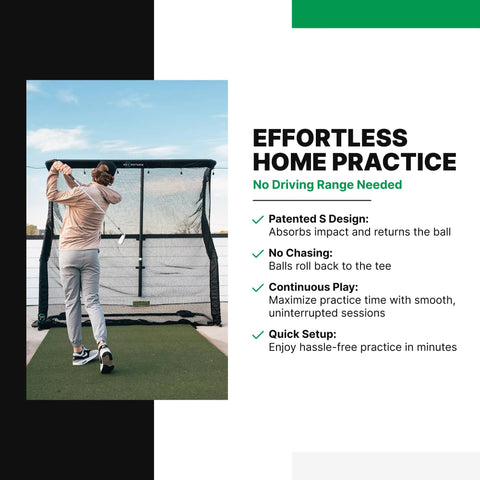 Golfer practicing with Game Changing Launch Pro Circle B Edition Golf Launch Monitor Bundle and Net Return Pro setup.