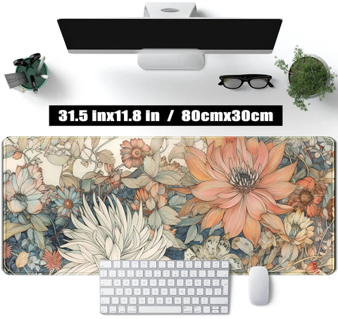 Ultra Large Floral Desk Mat For Gaming And Work 31.5 By 11.8 Inches With Stitched Edges An Extended Mouse Pad For Keyboard And Laptop Non Slip Rubber Base Dope Floral Office Decor For Women And Girls under a computer and keyboard