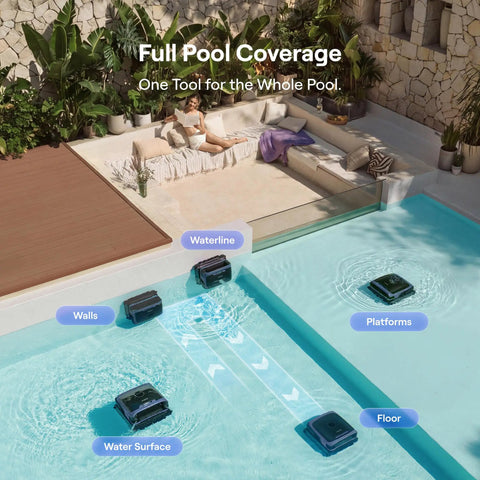 Sora 70 Pool Vacuum Robot Delivers 360 Degree Cleaning From Surface To Floor With Smart Surface Parking Boss Level 6L Capacity And 6800GPH Power For Above Ground And In Ground Pools Up To 3229 Sq Ft Midnight Blue on pool surface and walls