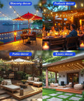 120 Ft LED Outdoor String Lights With 32 Shatterproof Edison Bulbs 2700K Warm White Commercial Grade lighting in various outdoor settings.