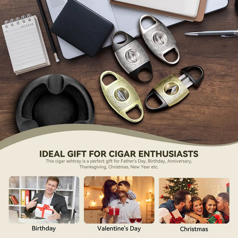 V Cut Cigar Cutter With Zinc Alloy Blade And Stainless Steel Guillotine on desk with gift boxes, includes gold and black gift box.