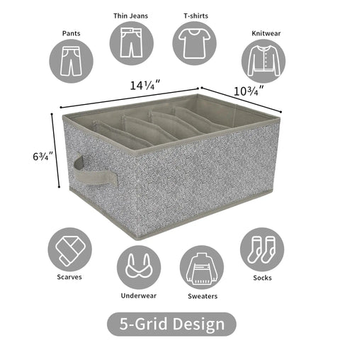 Five Grid Wardrobe Organizer For Folded Clothes And Jeans Stackable Closet Drawer Storage In Gray No Fuss Space Saving 2 Pack