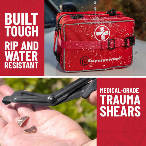 Surviveware first aid kit, red, with black medical-grade trauma shears; water-resistant.