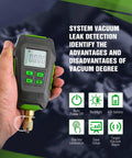 Front view: Wisscool digital vacuum gauge for HVAC, handheld with green trim, LCD display and brass nozzle