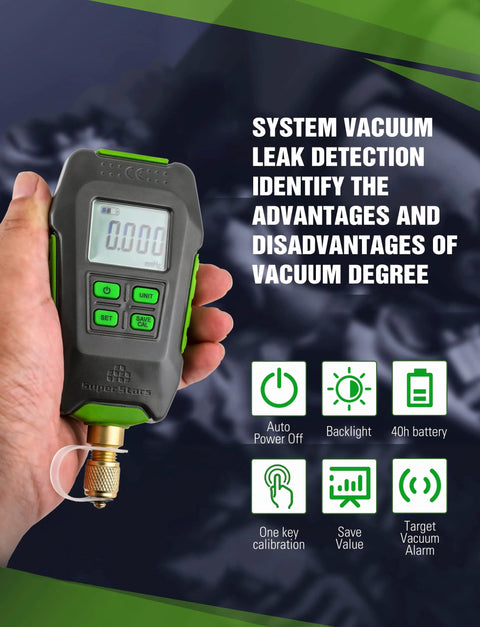 Front view: Wisscool digital vacuum gauge for HVAC, handheld with green trim, LCD display and brass nozzle