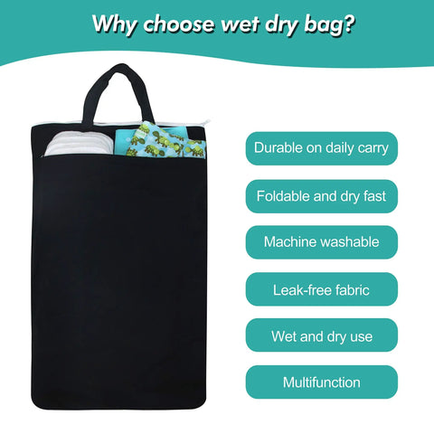 Huge Hanging Wet Dry Cloth Diaper Bag In Black For Diapers And Messes, Leak-Free PUL Fabric, 16x27 Inch, displaying pockets