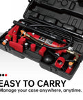 4 Ton Porta Power Hydraulic Ram Jack Kit 8800 Lbs Capacity Auto Body Frame Puller Tool Set With Blow Mold Case open showing tools.