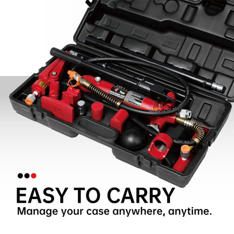 4 Ton Porta Power Hydraulic Ram Jack Kit 8800 Lbs Capacity Auto Body Frame Puller Tool Set With Blow Mold Case open showing tools.