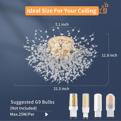Sputnik Flush Mount Crystal Chandelier In Gold Finish Modern 8 Light Close To Ceiling Fixture For Bedroom Kitchen Hallway Entryway Sparkling Firework Design 11.8 Inch Height And 21.5 Inch Width