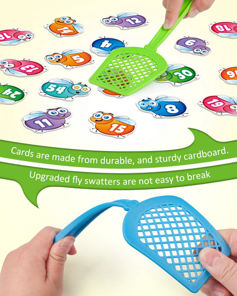 Swat The Fly Cards Math Game Set For Kids showing colorful number cards and hands with flexible fly swatters