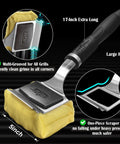 Bristle Free Grill Brush With Steam Cleaning Safe Non Metallic Pad Replaceable Head For Any Grill Grate 17 Inch Long Handle One Fit All Scraper Outdoor BBQ Cleaner Tool Gift For Men Dad showing yellow pad and black handle with features labeled