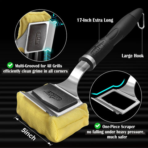 Bristle Free Grill Brush With Steam Cleaning Safe Non Metallic Pad Replaceable Head For Any Grill Grate 17 Inch Long Handle One Fit All Scraper Outdoor BBQ Cleaner Tool Gift For Men Dad showing yellow pad and black handle with features labeled
