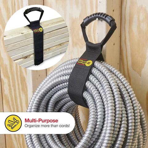 Heavy-Duty 28 Inch Storage Straps Set 2-Pack No-Fuss Hook And Loop Cord Carrier Hanger holding coiled metal hose