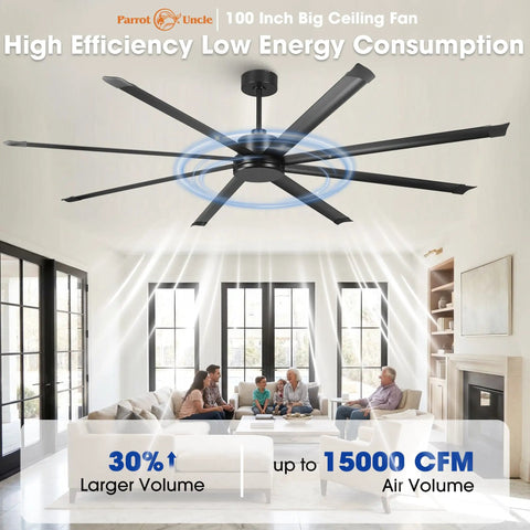Monster 100 Inch Ceiling Fan No Light With Remote Control, Industrial Black High Airflow in a modern living room setting