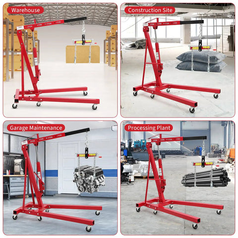 Heavy Iron 2 Ton Hydraulic Engine Hoist 4400 Lb Capacity in warehouse lifting heavy loads.