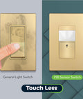 Comparison of general light switch and Motion Sensor Light Switch With Ambient Light Level For Auto On Off Based On Occupancy Or Vacancy Modes No Neutral Needed Ground Wire Required 150W LED CFL Single Pole Gold Wall Plate Included