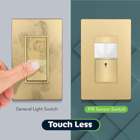 Comparison of general light switch and Motion Sensor Light Switch With Ambient Light Level For Auto On Off Based On Occupancy Or Vacancy Modes No Neutral Needed Ground Wire Required 150W LED CFL Single Pole Gold Wall Plate Included