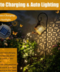 Waterproof Solar Lanterns With Metal Watering Can Shape illuminating garden with auto-charging solar panel under moonlight