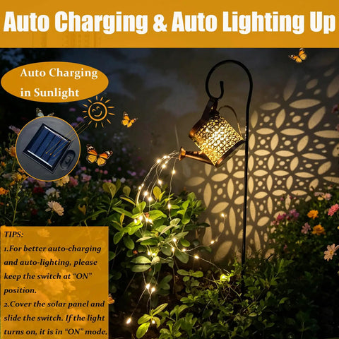 Waterproof Solar Lanterns With Metal Watering Can Shape illuminating garden with auto-charging solar panel under moonlight