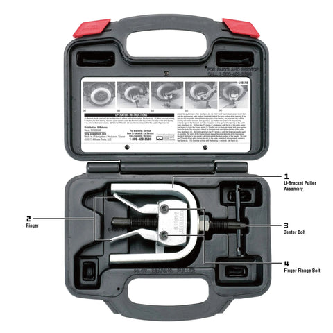 Powerbuilt pilot bearing puller kit in black storage case; silver metal puller with U-bracket and center bolt