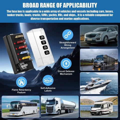 Waterproof 12V Four Circuit Fuse Block Marine Fuse Panel With LED Indicator Relay Box Kit Damp Proof Cover Built For 12V 24V Autos Boats Trucks RVs Easy Install Space Saving Rugged Durable Electrical Hub shown with cover and vehicle use