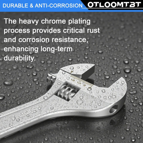 Close-up of a chrome-plated adjustable wrench from a 4 Piece Adjustable Wrench Set featuring 6 8 10 12 inch wrenches.