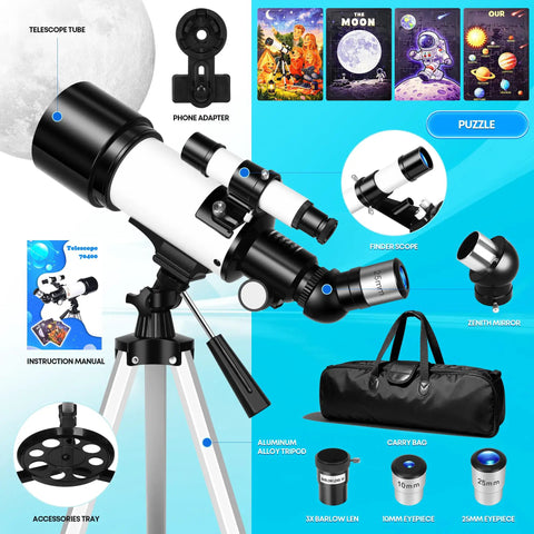 70mm Astronomical Telescope For Kids And Beginners With Space Puzzles Easy Setup And Fully Multi Coated Optics For Bright Clear Views Durable Tripod And Kid Friendly Fun Night Sky Exploration Starter Kit For Family Stargazing, with tripod and accessories