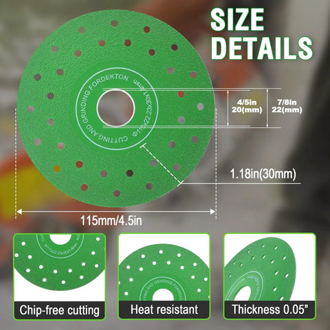 Front view of 4.5-inch diamond tile cutter blade with size details, used for porcelain, ceramic, glass, marble, wine bottles.