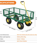 Heavy Duty Steel Garden Wagon Cart With 1400 Pound Capacity Three In One Convertible Utility Cart With 13 Inch Wheels And 180 Degree Handle Collapsible Outdoor Yard Trailer In Green And Yellow The Ultimate Workhorse showing specifications and cart dimensions