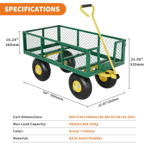 Garden Wagon Cart Workhorse Heavy Duty With 1400 Lb Capacity And 3 In 1 Convertible Design Fence Wagon Flatbed Tow Trailer 10 Inch All Terrain Wheels Removable Mesh Sides 180 Degree Rotating Handle specifications image
