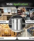 Heavy Duty Stainless Steel Airtight Food Storage Bucket With Secure Locking Lids in various applications: kitchens, restaurants, hotels, storage.