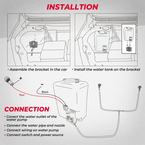 Diagram of Universal 12V Windshield Washer Pump Kit installation in vehicle, showing fluid reservoir, wiring, and connections.