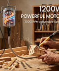 Person using Beast 1200W Flex Shaft Rotary Tool With 30000 RPM Variable Speed on wooden model in workshop