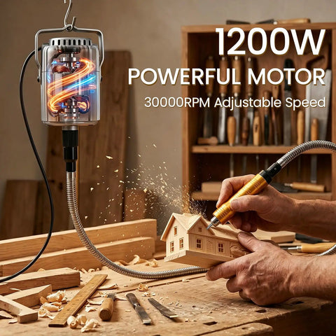 Person using Beast 1200W Flex Shaft Rotary Tool With 30000 RPM Variable Speed on wooden model in workshop