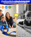 Family playing with 3 Lane Flexible Race Track For Kids With 15ft Bendable Ramp And Suction Cups Portable Roll Up Car Track