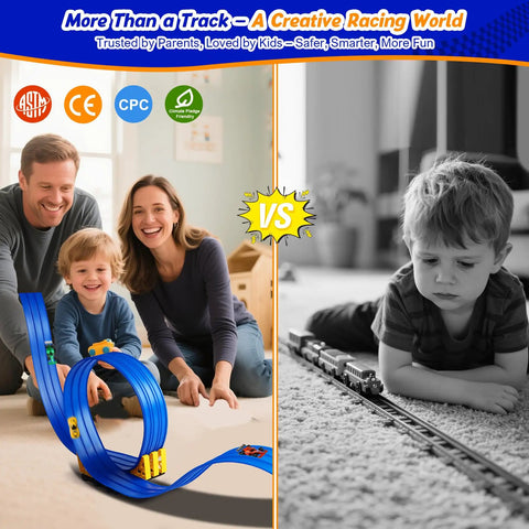 Family playing with 3 Lane Flexible Race Track For Kids With 15ft Bendable Ramp And Suction Cups Portable Roll Up Car Track