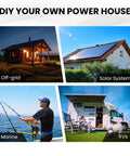 Images of off-grid cabin, solar house, fishing on marine, and RV, uses for 12V 200Ah LiFePO4 Deep Cycle Battery With 2560Wh Heavy Duty 200A BMS.