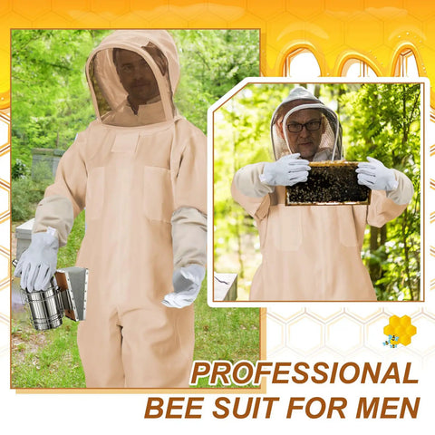 Man wearing a protective bee suit from the All In One Beekeeping Starter Kit For Beginners With 29 To 30 Piece Tool Set, Hive Inspection Gear.