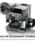 Brew Like A Pro At Home With This Triple Threat Espresso And Drip Coffee Maker Featuring Rapid Cold Brew Options Alongside Reliable Dual Shot Settings In Sleek Gunmetal Finish showing built-in accessory storage.
