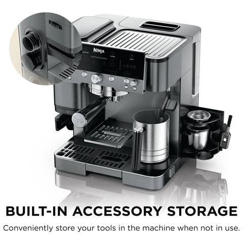 Brew Like A Pro At Home With This Triple Threat Espresso And Drip Coffee Maker Featuring Rapid Cold Brew Options Alongside Reliable Dual Shot Settings In Sleek Gunmetal Finish showing built-in accessory storage.
