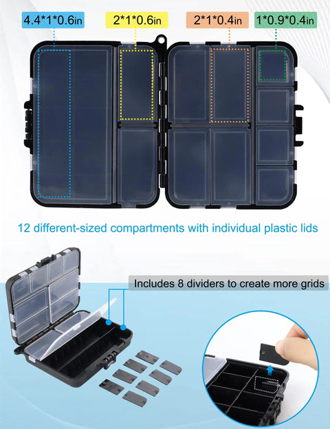 Mini Tackle Box Organizer 4 Pack Palm Sized Portable Plastic Fishing Storage Boxes with 12 adjustable compartments and dividers