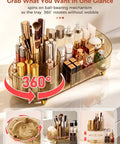 Top Shelf 360 Spin Makeup Organizer For Vanity Countertop Functions As Amber Acrylic Cosmetic Tray, rotating with wide open slots.