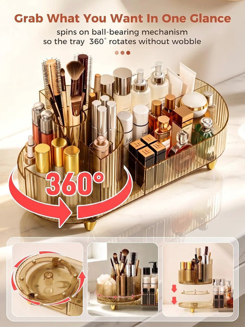 Top Shelf 360 Spin Makeup Organizer For Vanity Countertop Functions As Amber Acrylic Cosmetic Tray, rotating with wide open slots.